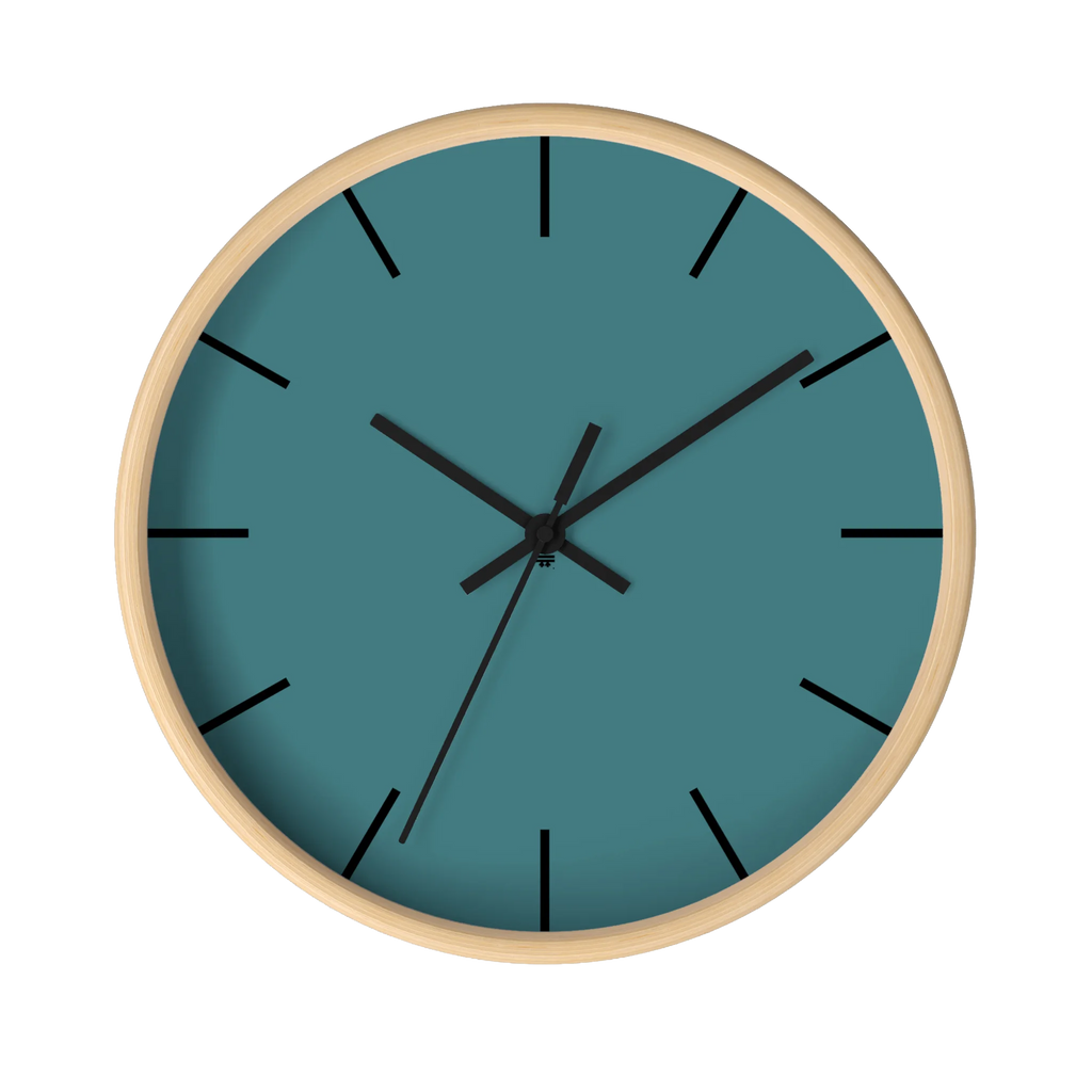 Bismark teal silent wall clock, wooden base, black hands, black markers, 10 inch, front view.
