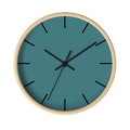 Bismark teal silent wall clock, wooden base, black hands, black markers, 10 inch, front view.