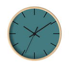 Bismark teal silent wall clock, wooden base, black hands, black markers, 10 inch, front view.