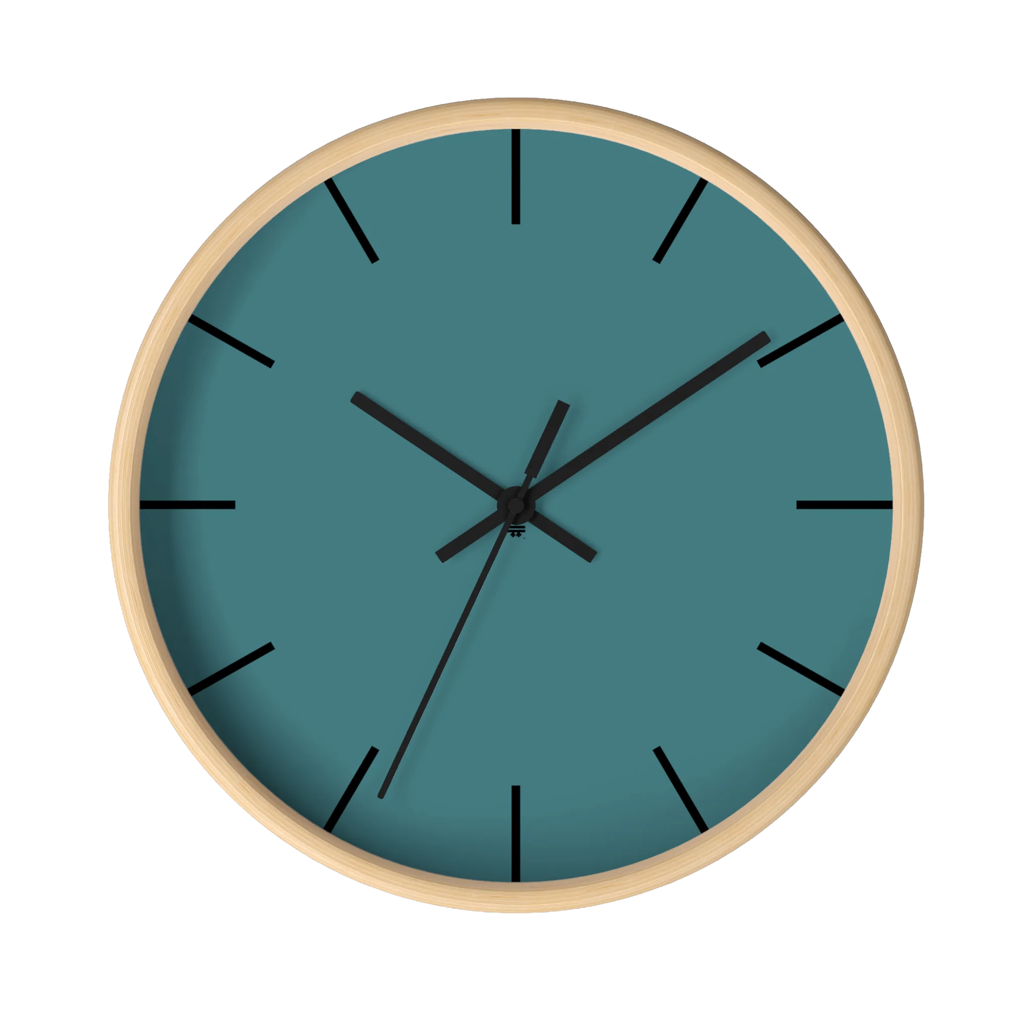 Bismark teal silent wall clock, wooden base, black hands, black markers, 10 inch, front view.