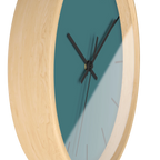 Bismark teal silent wall clock, wooden base, black hands, black markers, 10 inch, side view.
