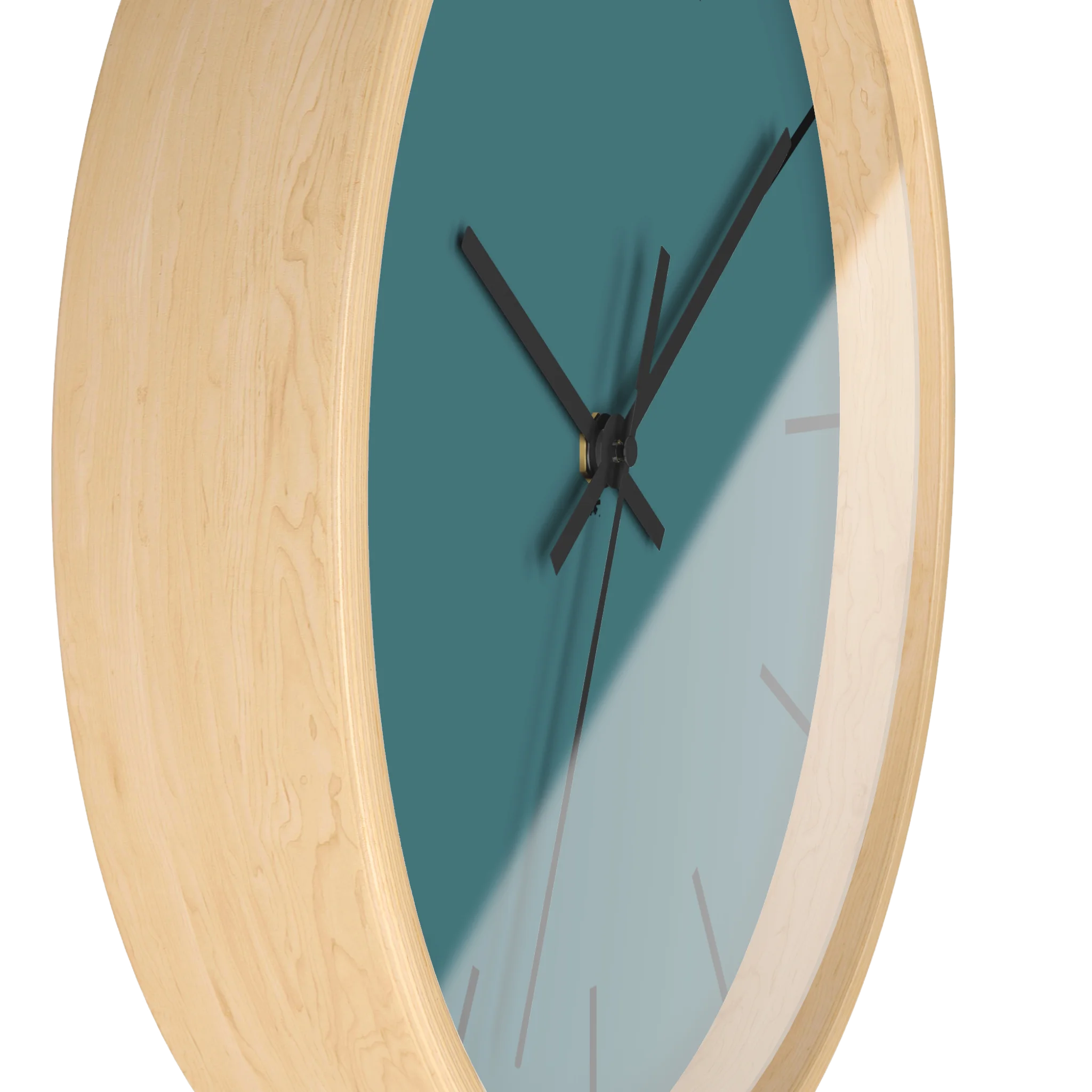 Bismark teal silent wall clock, wooden base, black hands, black markers, 10 inch, side view.