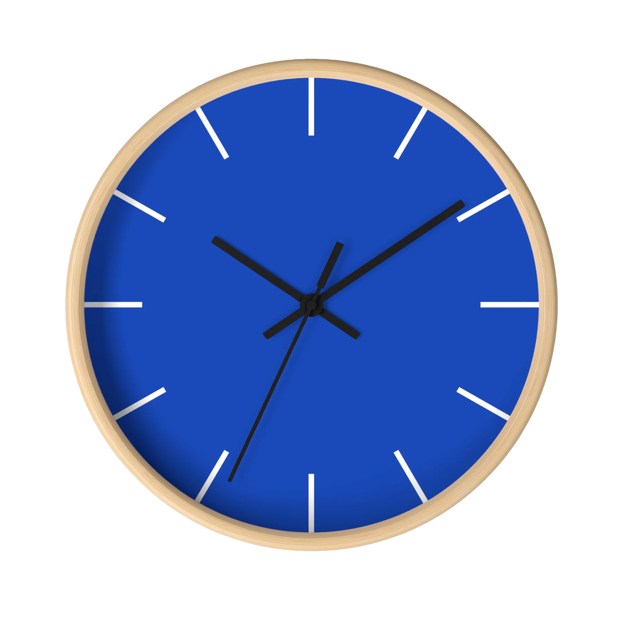 Blue silent wall clock, wooden base, black hands, white markers, 10 inch, front view.