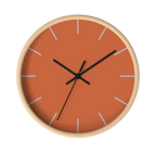 Boho rust orange silent wall clock, wooden base, black hands, light grey markers, 10 inch, front view.