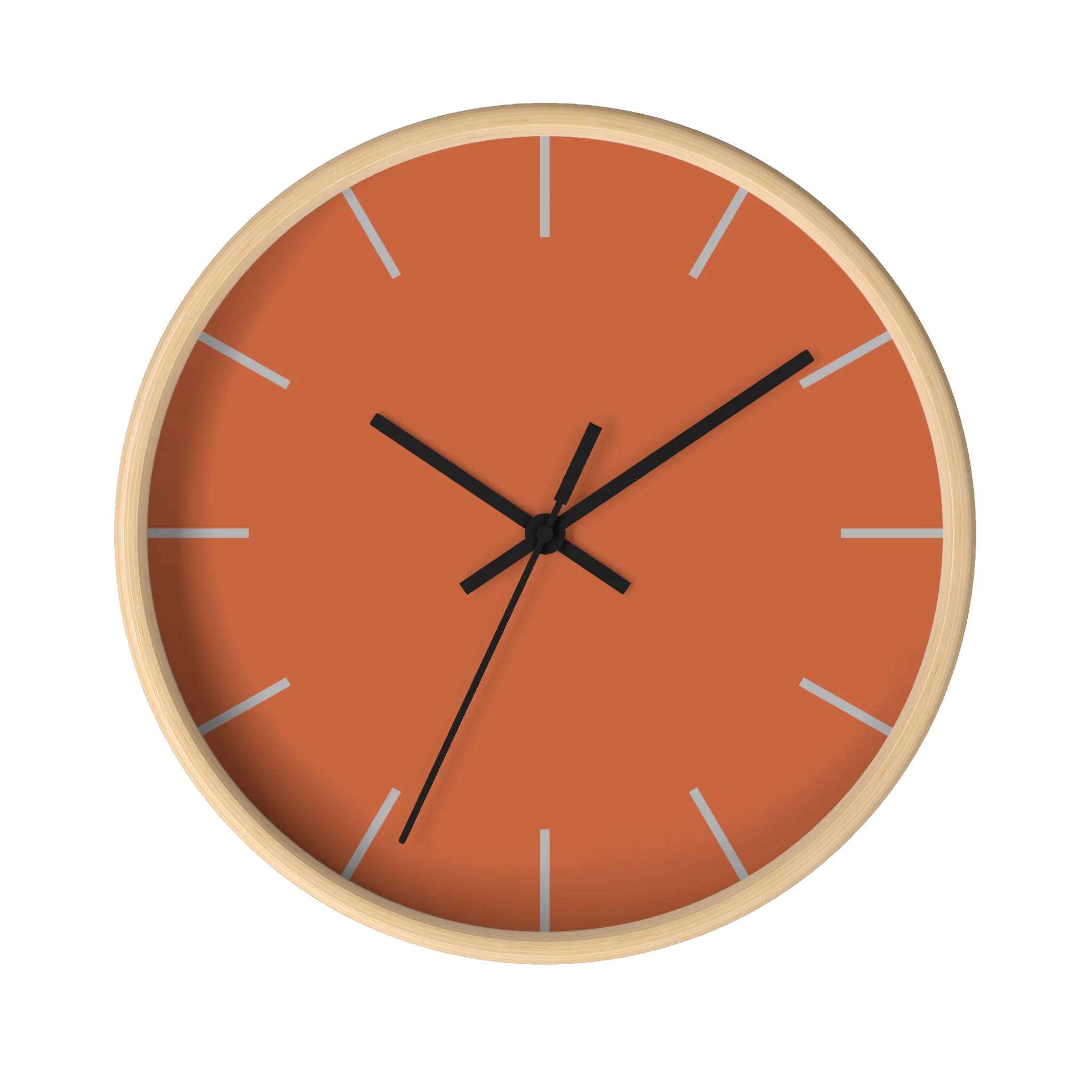 Boho rust orange silent wall clock, wooden base, black hands, light grey markers, 10 inch, front view.