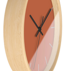 Boho rust orange silent wall clock, wooden base, black hands, light grey markers, 10 inch, side view.