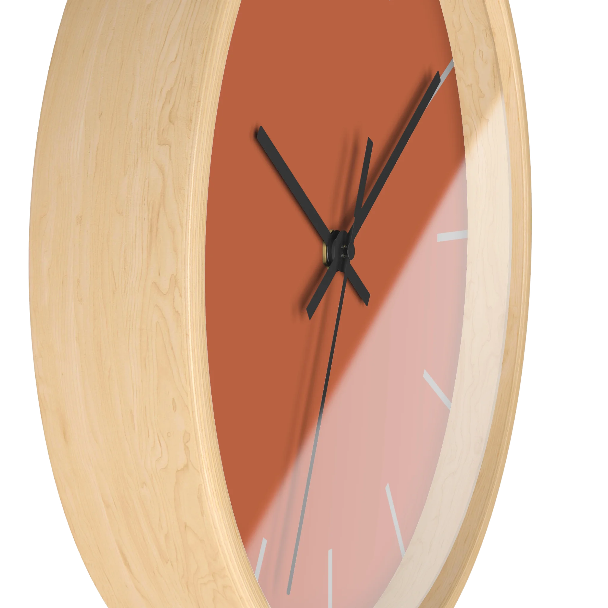 Boho rust orange silent wall clock, wooden base, black hands, light grey markers, 10 inch, side view.