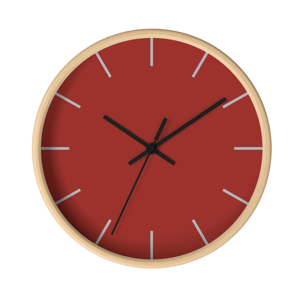 Brownish red silent wall clock, wooden base, black hands, light grey markers, 10 inch, front view.