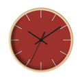 Brownish red silent wall clock, wooden base, black hands, light grey markers, 10 inch, front view.