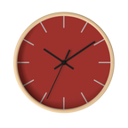 Brownish red silent wall clock, wooden base, black hands, light grey markers, 10 inch, front view.