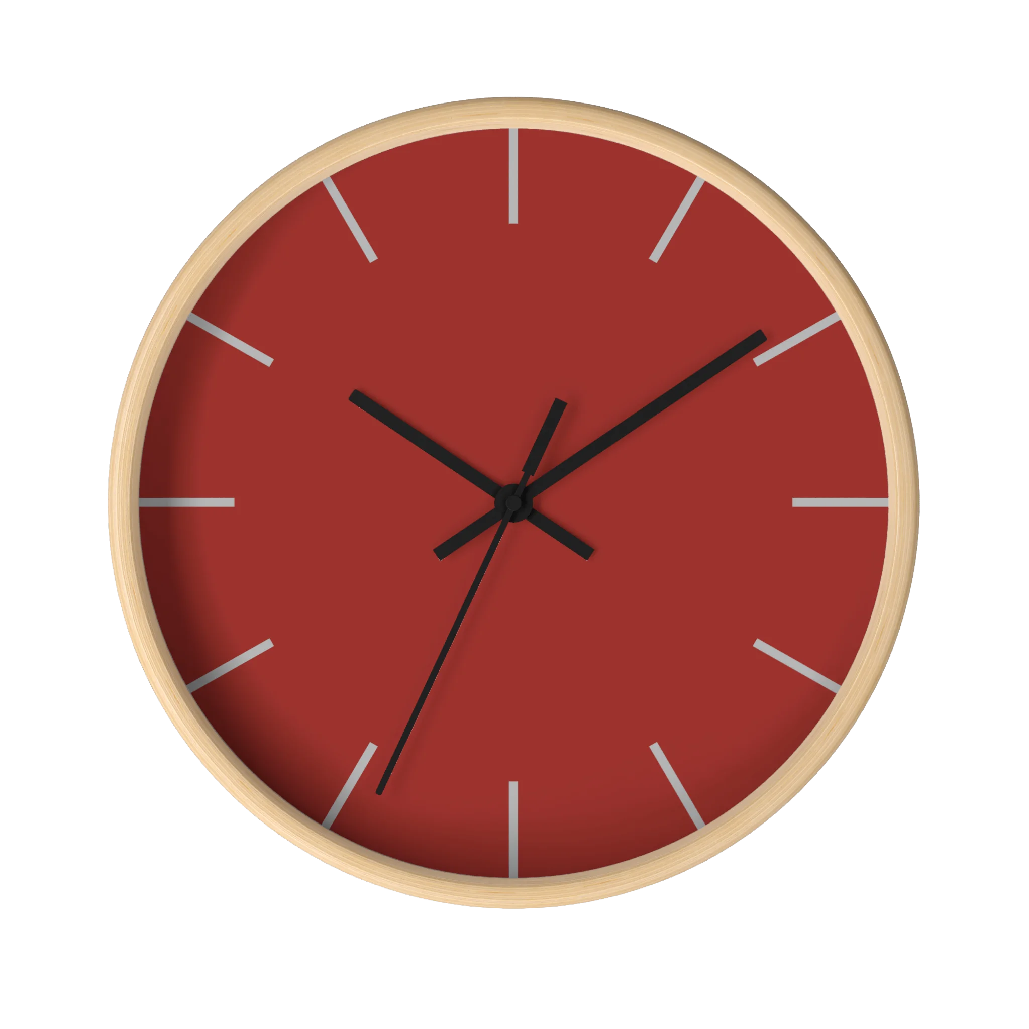 Brownish red silent wall clock, wooden base, black hands, light grey markers, 10 inch, front view.