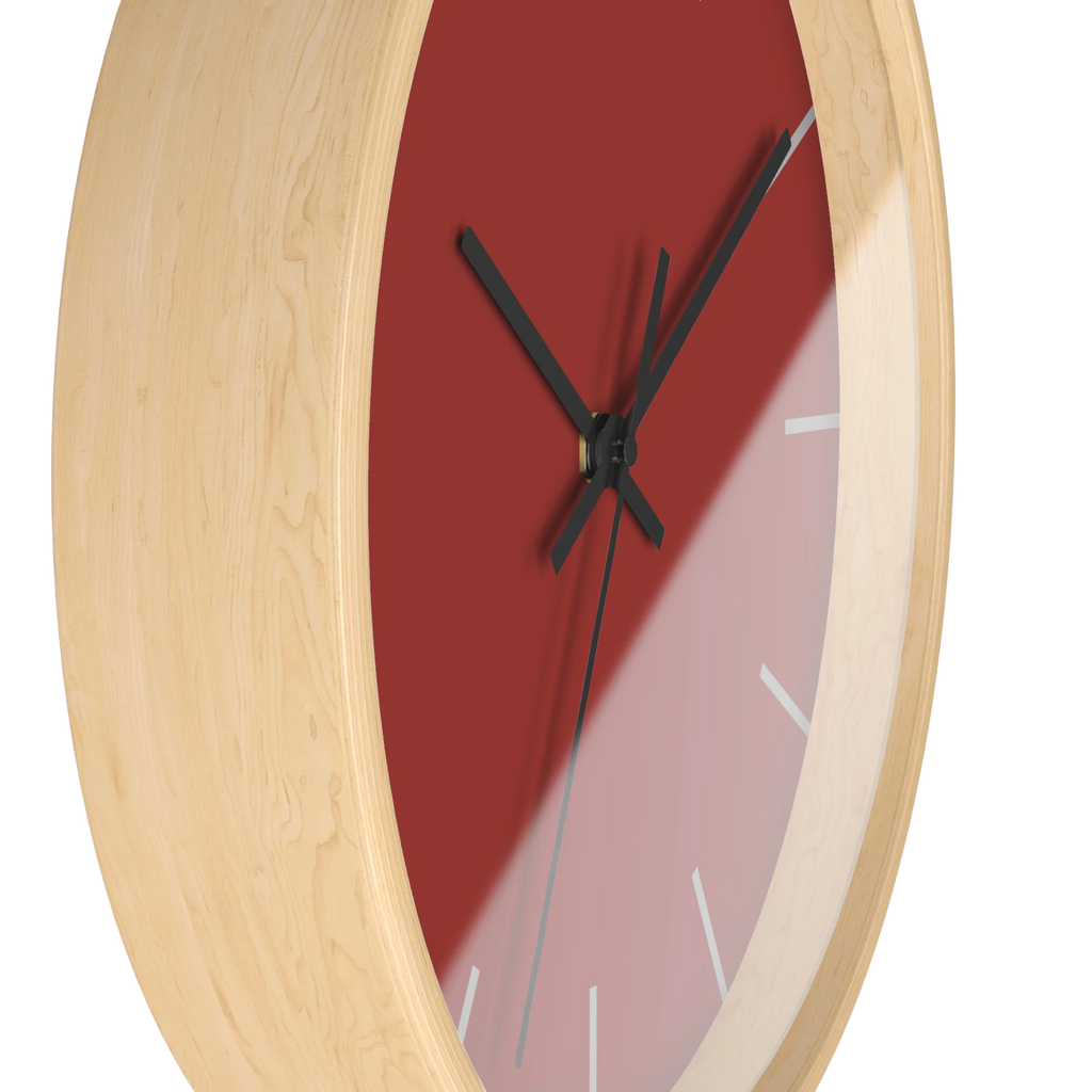 Brownish red silent wall clock, wooden base, black hands, light grey markers, 10 inch, side view.