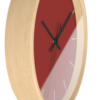 Brownish red silent wall clock, wooden base, black hands, light grey markers, 10 inch, side view.