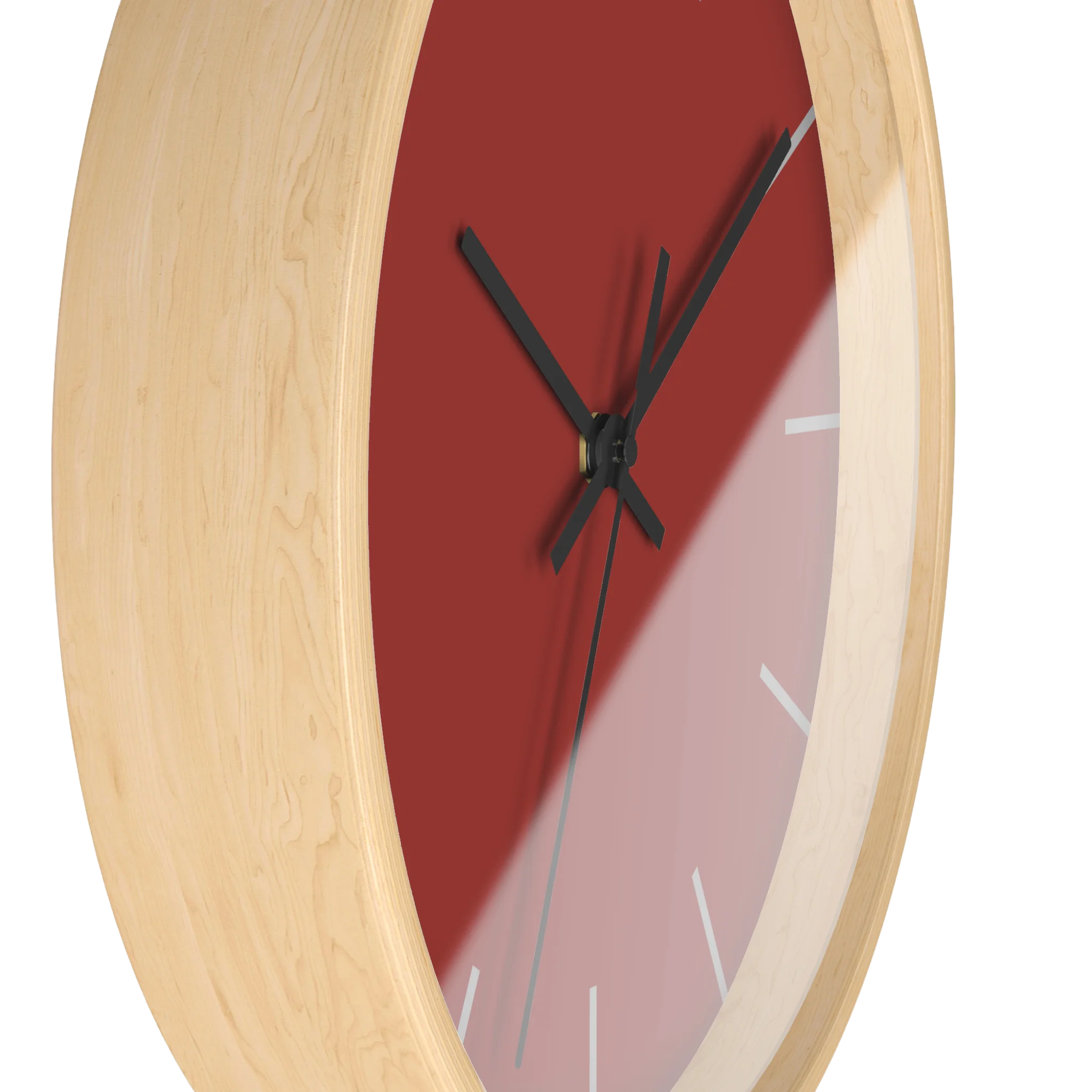 Brownish red silent wall clock, wooden base, black hands, light grey markers, 10 inch, side view.