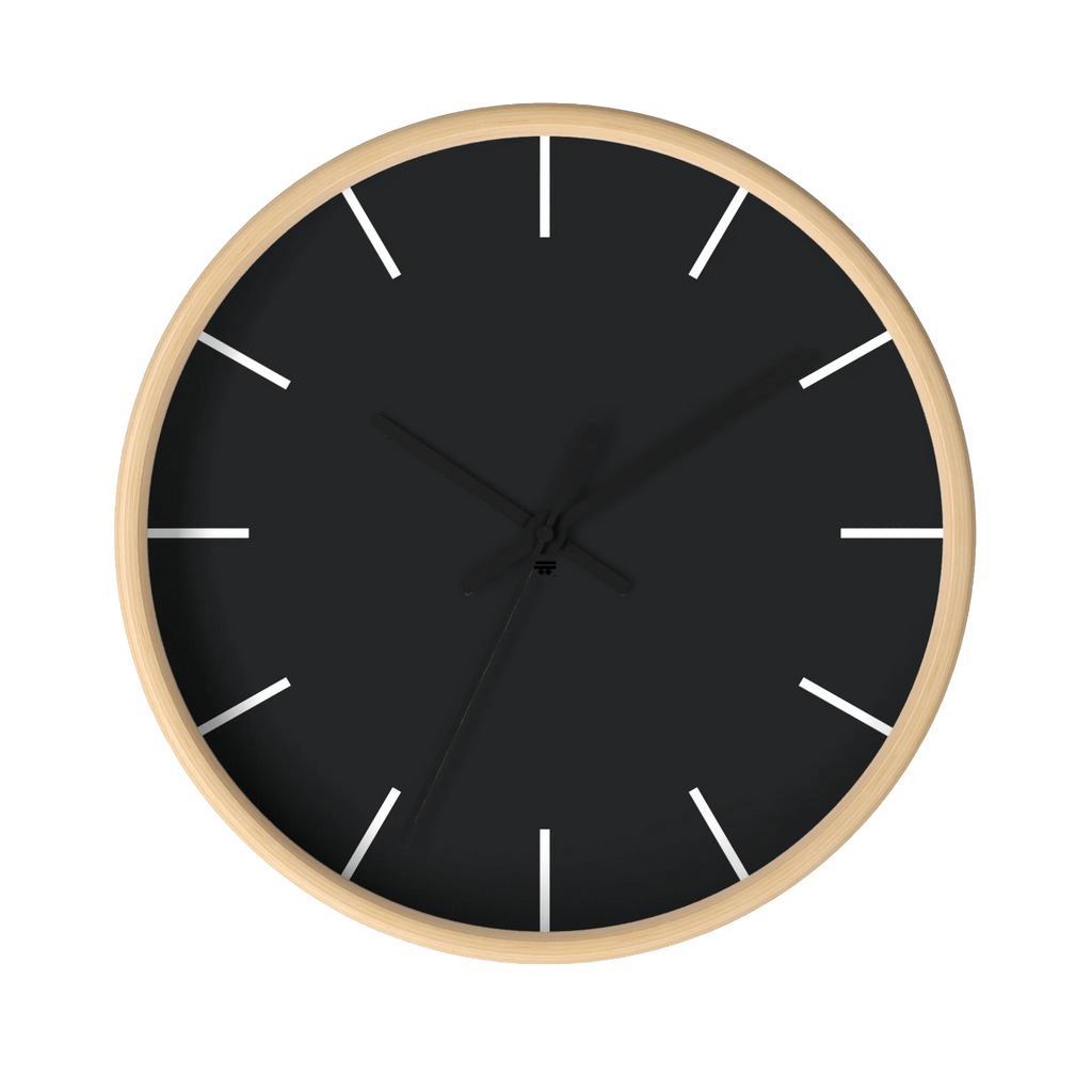 Carbon fiber black silent wall clock, wooden base, black hands, white markers, 10 inch, front view.