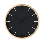 Carbon fiber black silent wall clock, wooden base, black hands, white markers, 10 inch, front view.