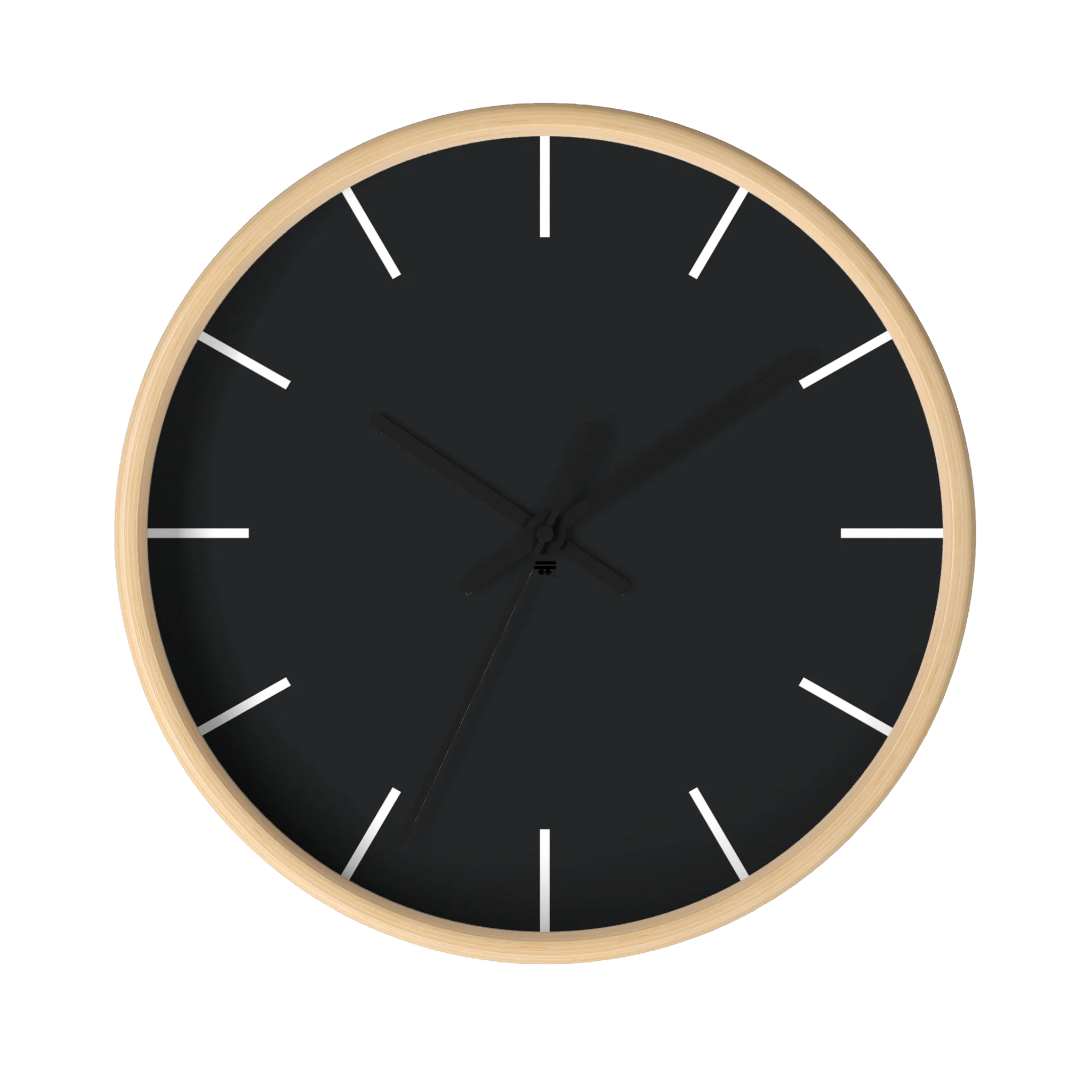 Carbon fiber black silent wall clock, wooden base, black hands, white markers, 10 inch, front view.