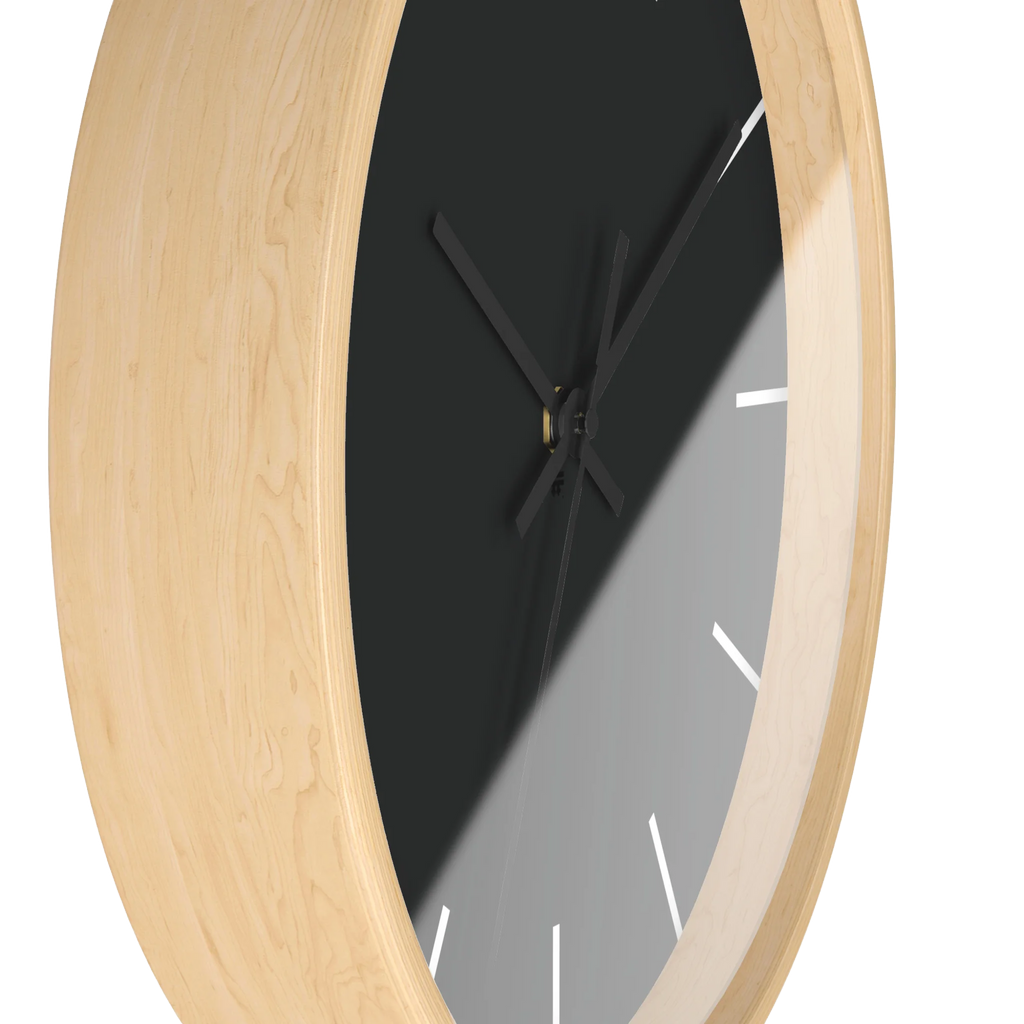 Carbon fiber black silent wall clock, wooden base, black hands, white markers, 10 inch, side view.