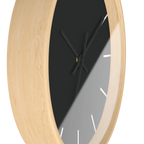 Carbon fiber black silent wall clock, wooden base, black hands, white markers, 10 inch, side view.