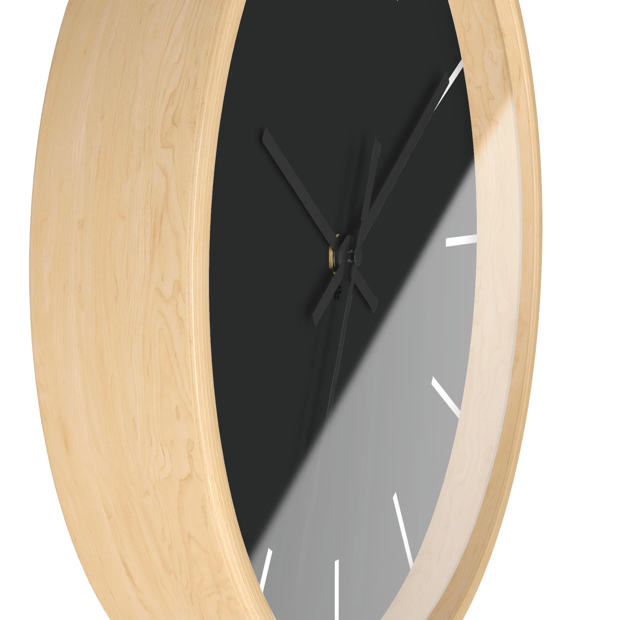 Carbon fiber black silent wall clock, wooden base, black hands, white markers, 10 inch, side view.