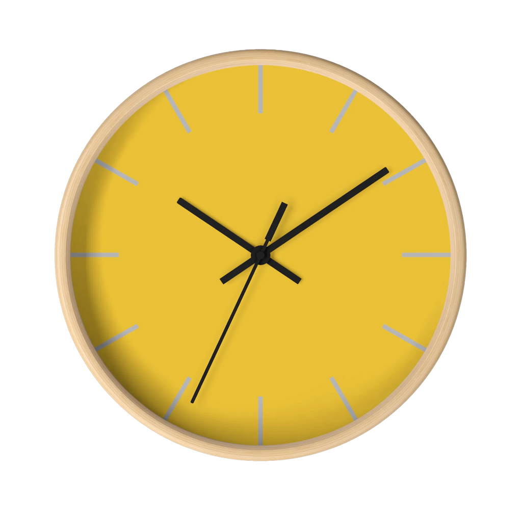 Champ yellow silent wall clock, wooden base, black hands, light grey markers, 10 inch, front view.
