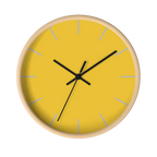 Champ yellow silent wall clock, wooden base, black hands, light grey markers, 10 inch, front view.