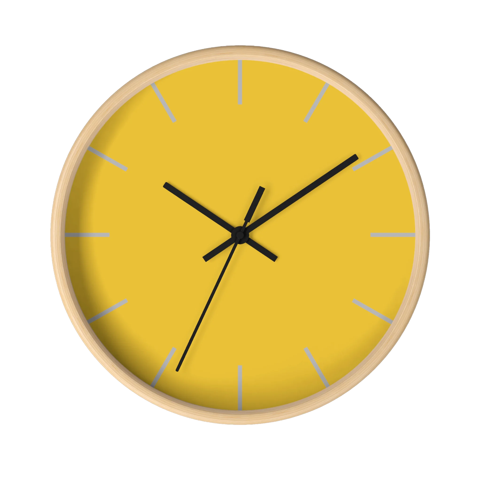 Champ yellow silent wall clock, wooden base, black hands, light grey markers, 10 inch, front view.