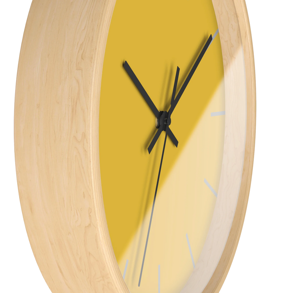 Champ yellow silent wall clock, wooden base, black hands, light grey markers, 10 inch, side view.