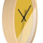 Champ yellow silent wall clock, wooden base, black hands, light grey markers, 10 inch, side view.