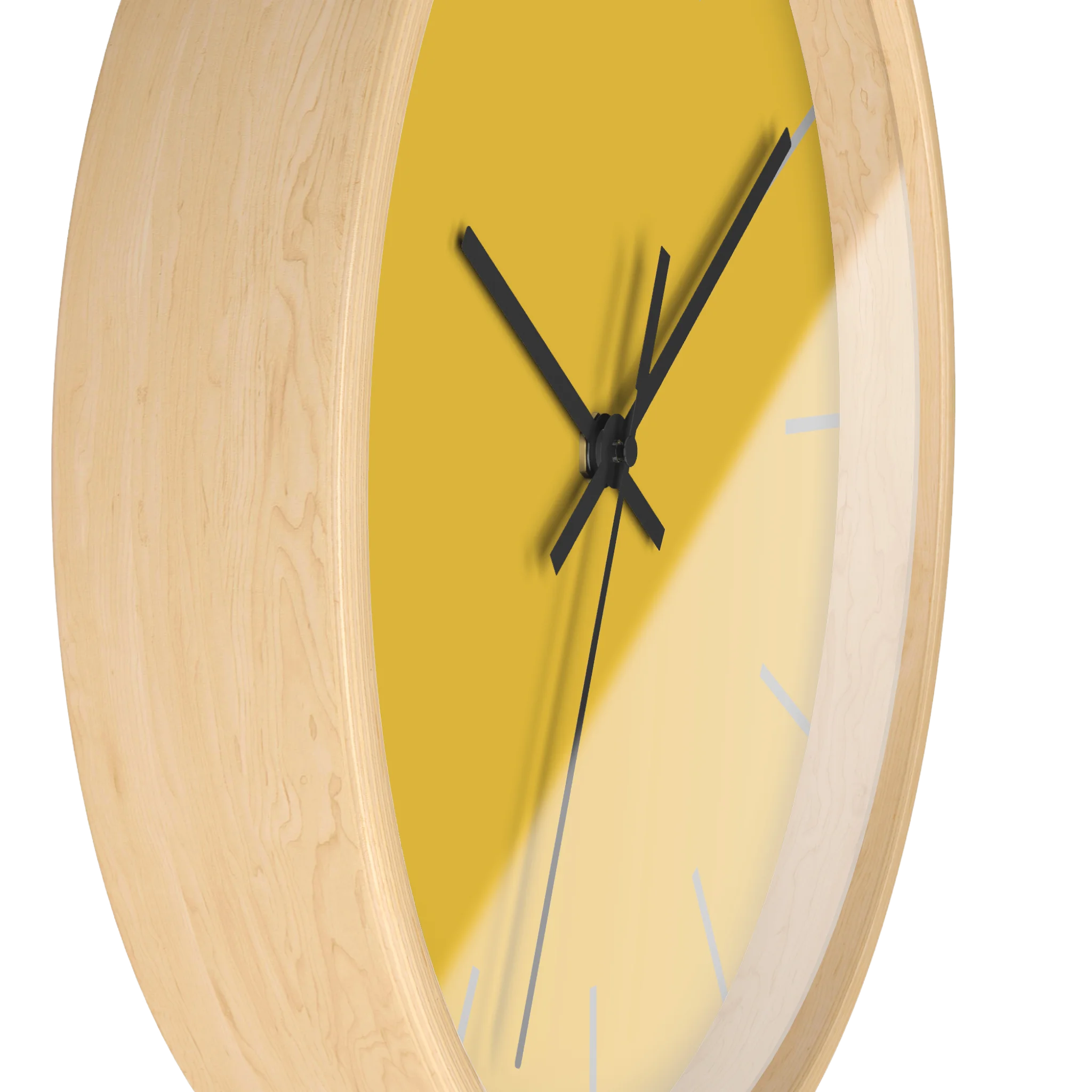 Champ yellow silent wall clock, wooden base, black hands, light grey markers, 10 inch, side view.