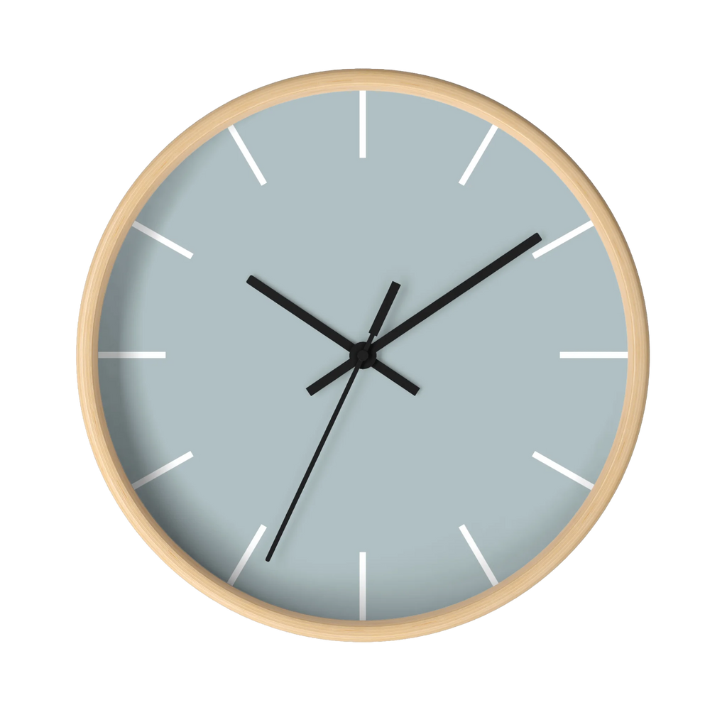 Cool silver silent wall clock, wooden base, black hands, white markers, 10 inch, front view.