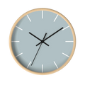 Cool silver silent wall clock, wooden base, black hands, white markers, 10 inch, front view.