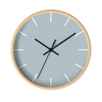 Cool silver silent wall clock, wooden base, black hands, white markers, 10 inch, front view.