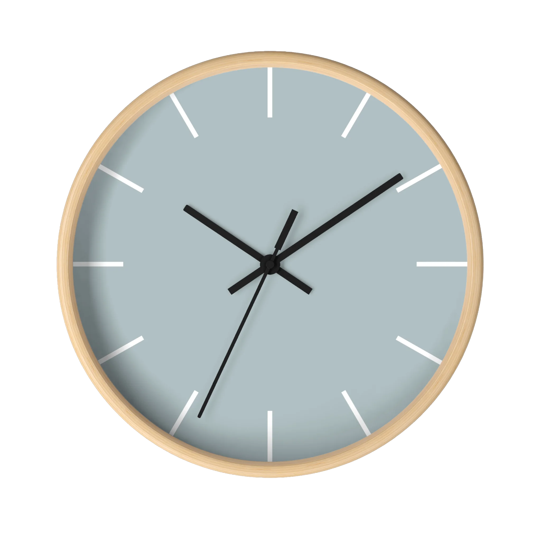 Cool silver silent wall clock, wooden base, black hands, white markers, 10 inch, front view.