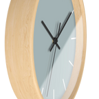 Cool silver silent wall clock, wooden base, black hands, white markers, 10 inch, side view.