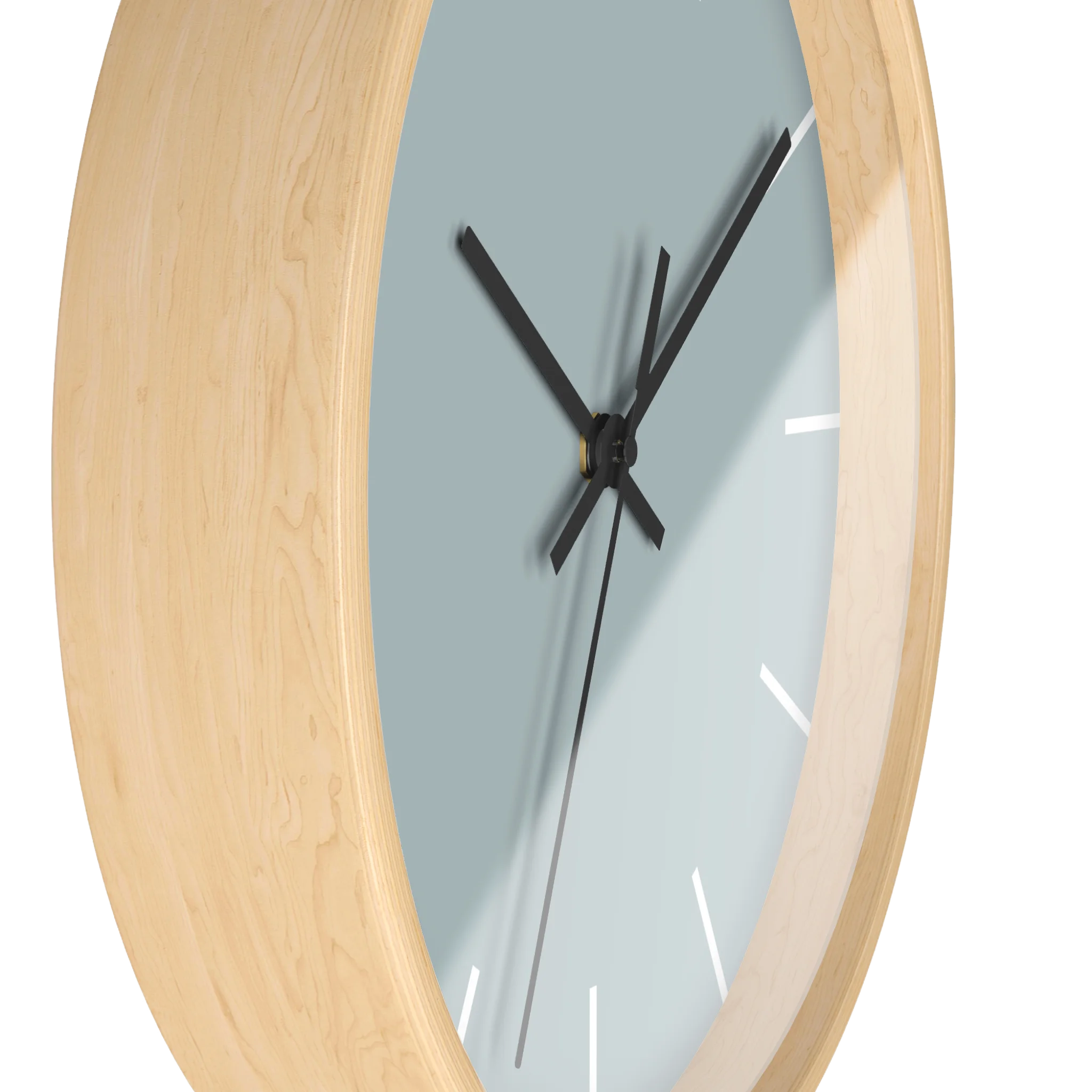 Cool silver silent wall clock, wooden base, black hands, white markers, 10 inch, side view.