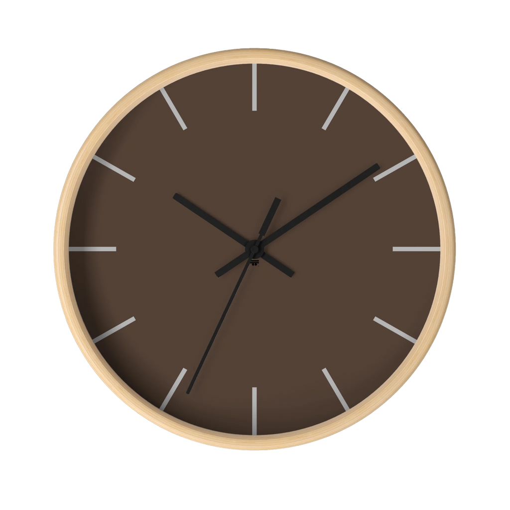 Country brown silent wall clock, wooden base, black hands, off white markers, 10 inch, front view.