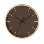 Country brown silent wall clock, wooden base, black hands, off white markers, 10 inch, front view.