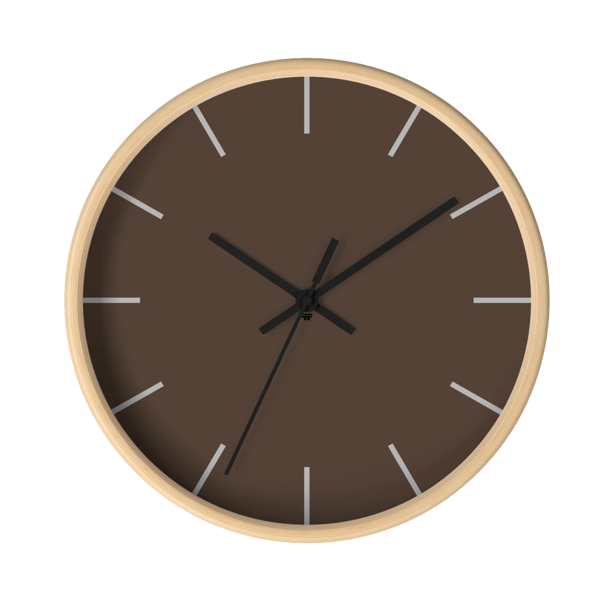 Country brown silent wall clock, wooden base, black hands, off white markers, 10 inch, front view.
