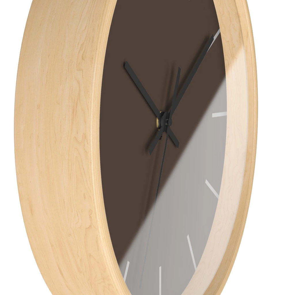 Country brown silent wall clock, wooden base, black hands, off white markers, 10 inch, side view.