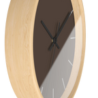 Country brown silent wall clock, wooden base, black hands, off white markers, 10 inch, side view.