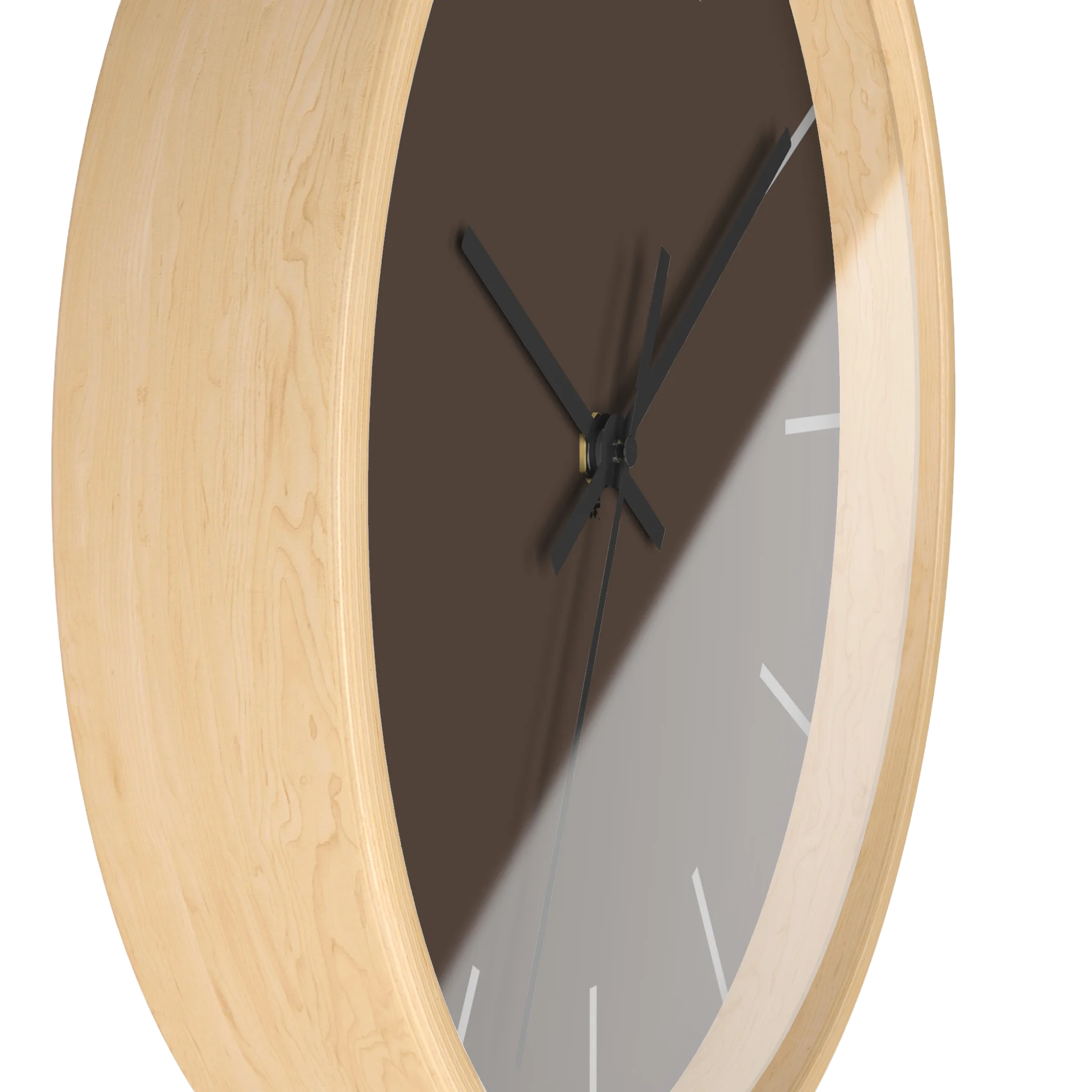 Country brown silent wall clock, wooden base, black hands, off white markers, 10 inch, side view.