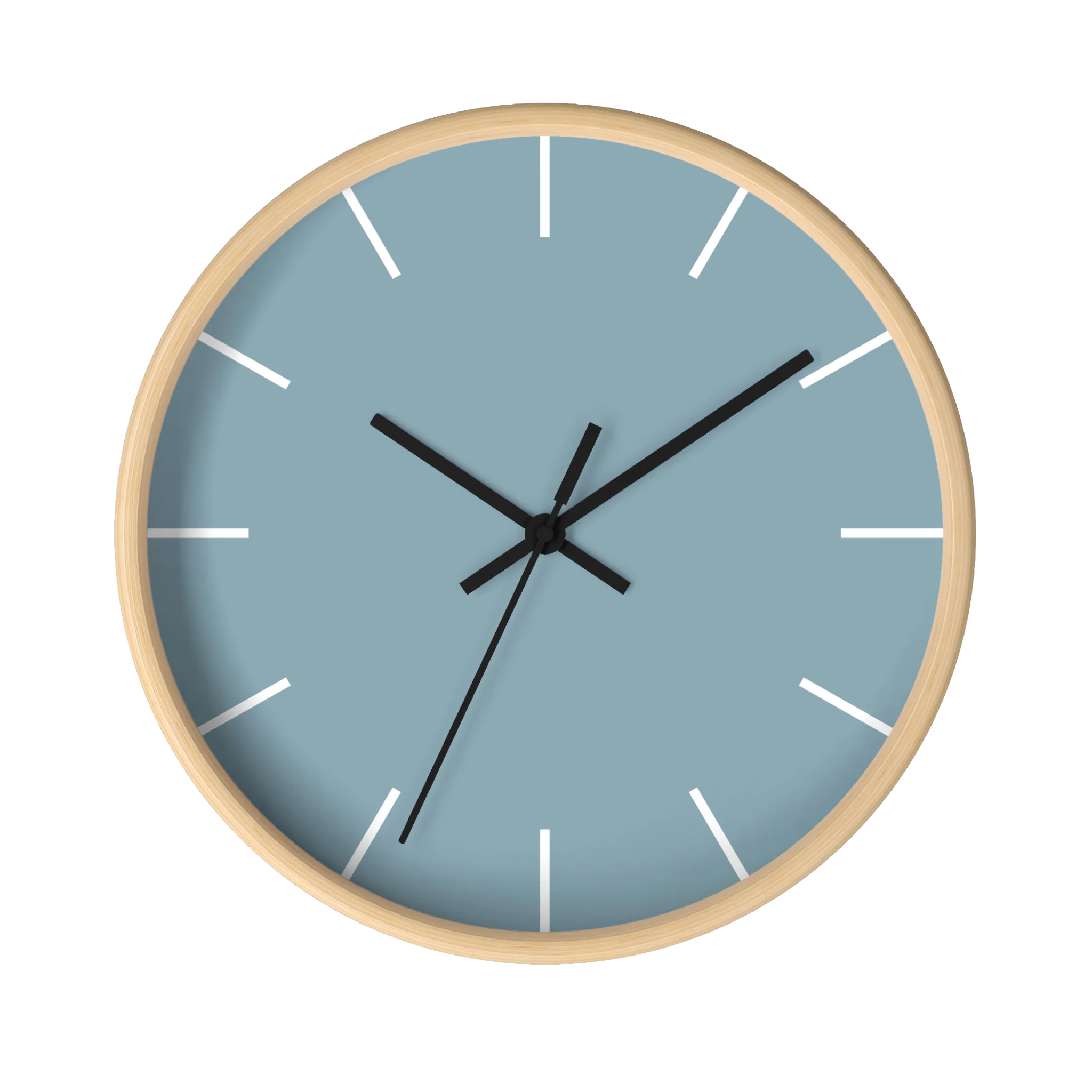 Danish blue minimalist wall clock with natural wooden base, black hands, and white time markers, front view.