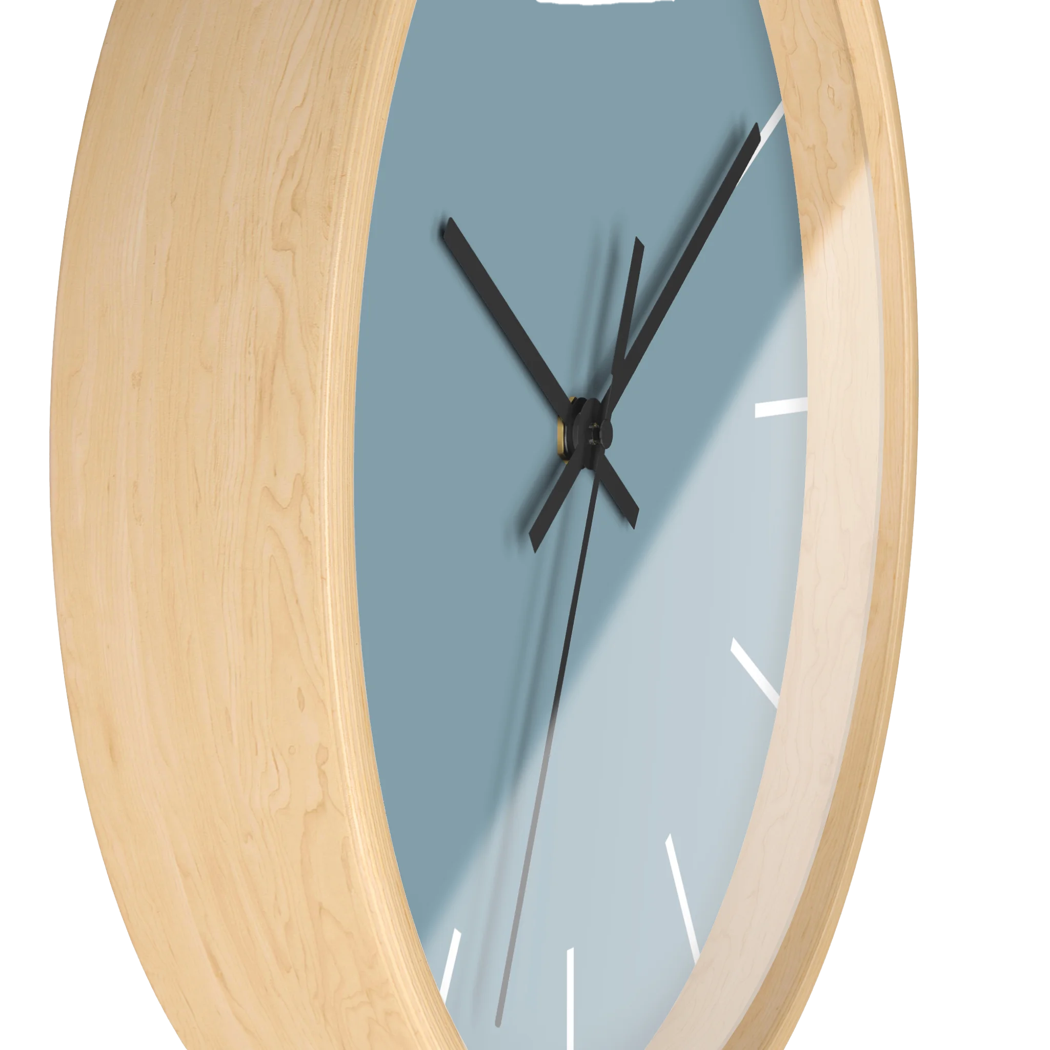 Danish blue minimalist wall clock with natural wooden base, black hands, and white time markers, side view.