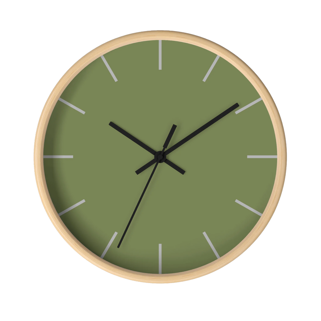 Dark sage olive green silent wall clock, wooden base, black hands, light grey markers, 10 inch, front view.