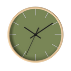 Dark sage olive green silent wall clock, wooden base, black hands, light grey markers, 10 inch, front view.