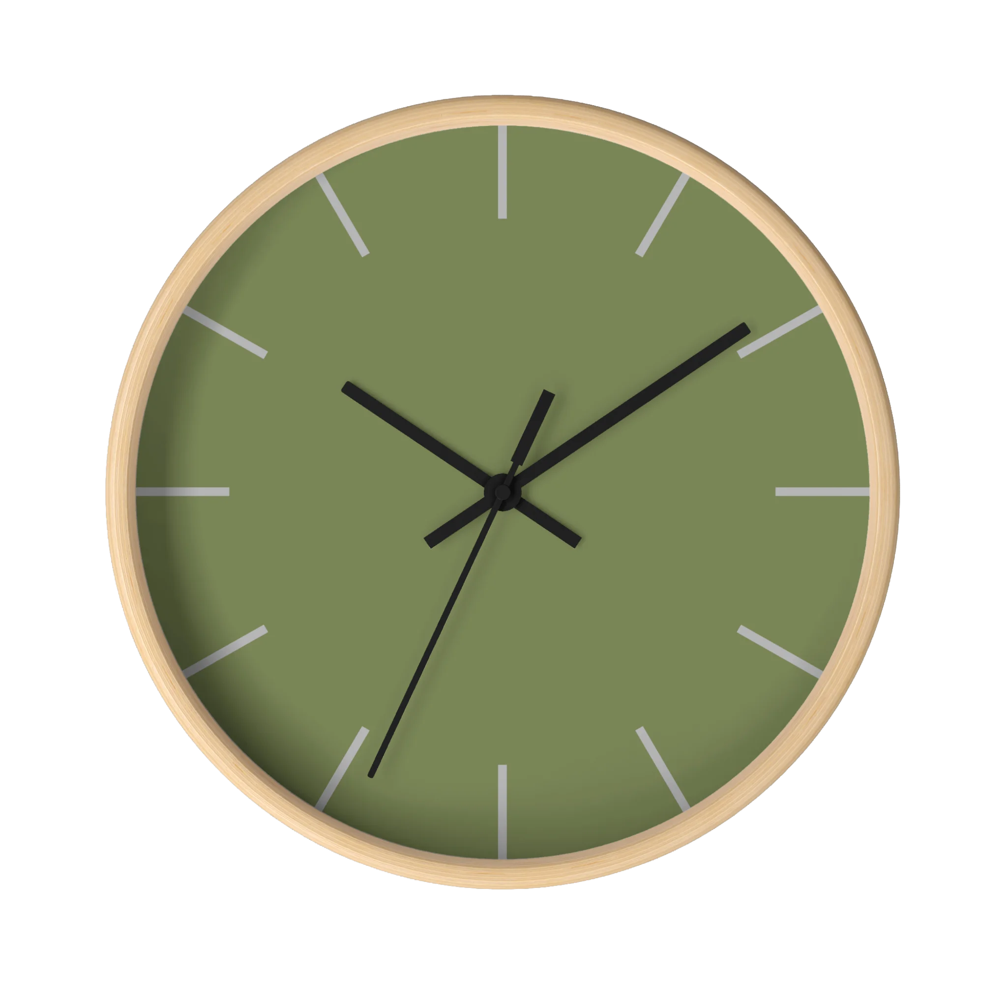 Dark sage olive green silent wall clock, wooden base, black hands, light grey markers, 10 inch, front view.