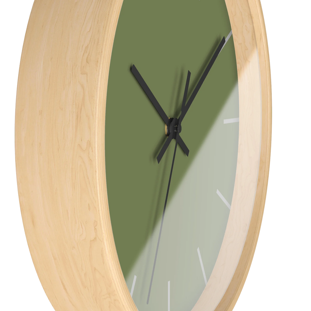 Dark sage olive green silent wall clock, wooden base, black hands, light grey markers, 10 inch, side view.