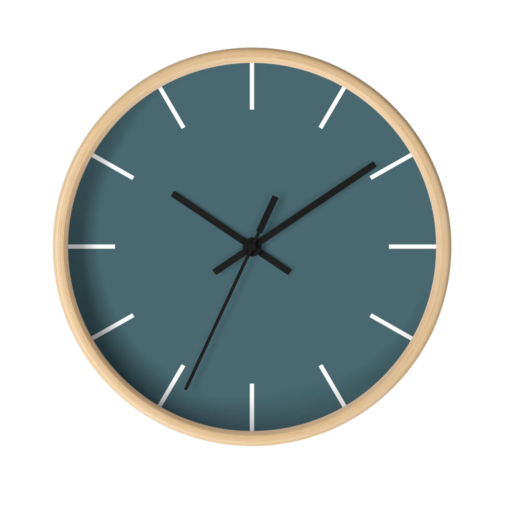 Deep space sparkle teal silent wall clock, wooden base, black hands, white markers, 10 inch, front view.