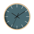 Deep space sparkle teal silent wall clock, wooden base, black hands, white markers, 10 inch, front view.